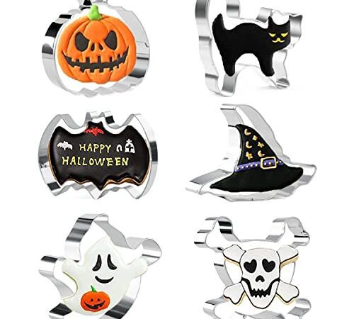 Keepaty Lot de 6 emporte-pièces d'Halloween en acier inoxydable - Fantôme, chauve-souris, citrouille, chat, tête de mort et chapeau de sorcière pour Halloween