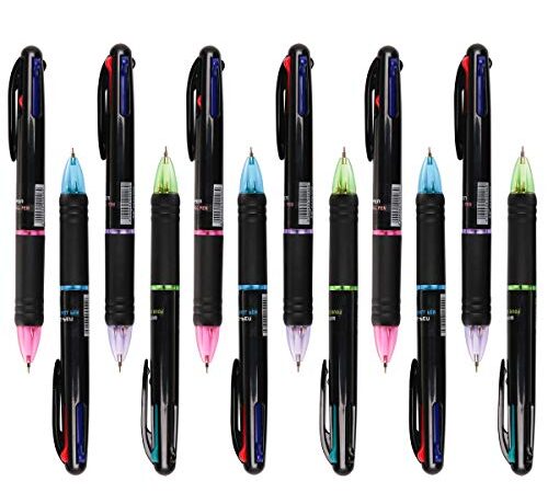 LAOYE 12 Pcs Stylo 4 Couleurs 0.7mm Stylos à Bille Multicolores Crayon Rétractable Encre Noir Bleu Rouge et Vert Stylo 4 Couleurs