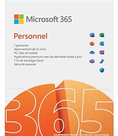 Microsoft 365 Personnel | Office 365 apps | 1 personne | 1 an ​| PC/MAC, tablette et smartphone | Téléchargement