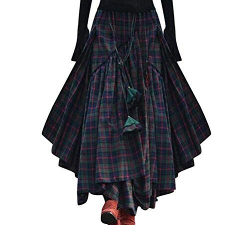 ORANDESIGNE Jupe Femme Plaid Jupe Longue Taille Haute Vintage Élégante Classique Rétro Évasé Tartan Maxi Carreaux Jupe Treillis Maxi Jupe Longues (M, A Vert)