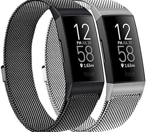 Oumida Métal Bracelet Compatible pour Fitbit Charge 4 / Fitbit Charge 3 / Charge 3 SE, Acier Inoxydable Réglable, Bracelet de Remplacement avec Fitbit Charge 4 / 3, Femme Homme(01 Noir/Argent, L)