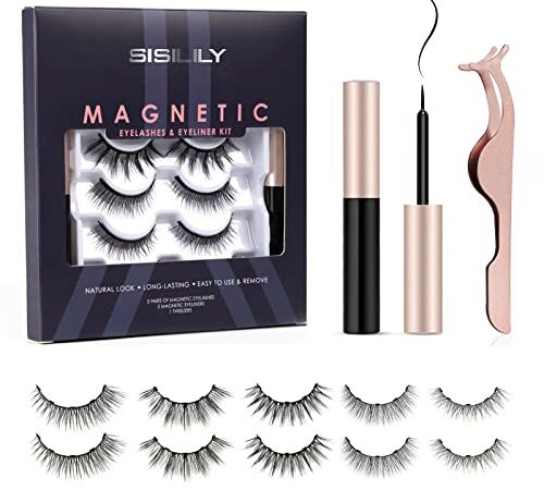 SISILILY Faux Cils Magnétique Eyeliner 5 Paires de Cils Magnetique Naturel Réutilisables Faux Cils Magnetique 3D Imperméable et Sans Colle Requise Magnetique Eyeliner