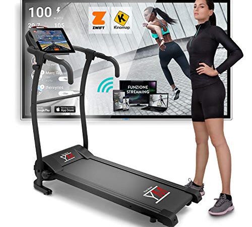 Tapis De Course Pliant Electrique 10 km/h, Bluetooth + APP KINOMAP et ZWIFT, Capteur Cardiaque, 12 Programmes, Inclinaison, Lubrification Automatique, 1HP (2,5HP Pic de Puissance) Ecran Multifonction