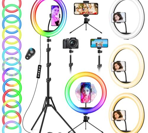 12.6'' Ring Light avec Trépied Grand Totale 1m88/74'', Selfie Anneau Lumineux avec 40 RVB Mode 13 Niveaux pour Tiktok/Youtube/Live Stream/Maquillage, LED Lampe Photo Anneau Lumière avec Télécommande