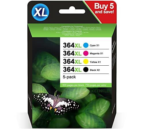 364 XL Pack de 5 Cartouches d'encre Compatible Remplacement pour HP 364 364XL pour HP Photosmart 5520 5510 5522 5520 6520 B8550 C5388 7510 7520 Officejet 4620 Deskjet 3070A (Noir Cyan Magenta Jaune)