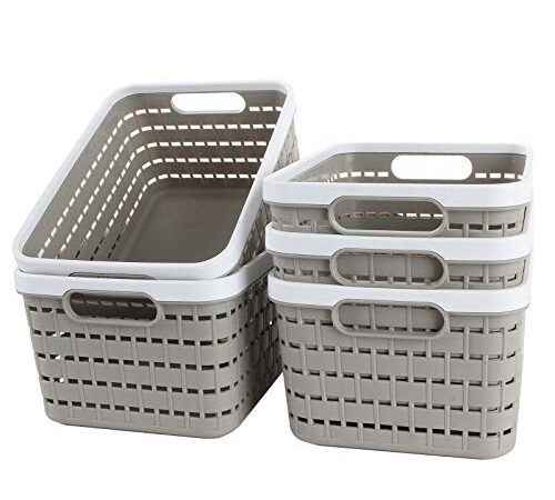 ASelected Lot de 5 Panier de Rangement, Petit Panier Rangement Plastique Gris Clair, Panier à Plateaux Organisateur pour Chambre, Salle de Bain, Cuisine, Tiroir, étagères, Breau –23.4x17.5x12CM