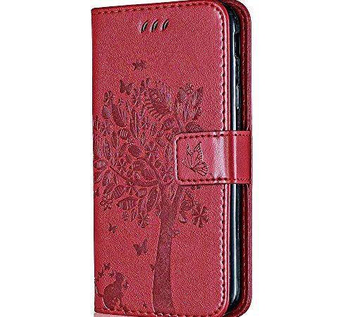 Coque pour Xiaomi MI A2 Lite, Conber Etui en Cuir PU Portefeuille, Antichoc Flip Case Housse Rétro Emboss Série de Chat et d'arbre pour Xiaomi MI A2 Lite - Rouge