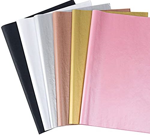 Feibmir Lot de 60 feuilles de papier de soie métallique 6 couleurs pour emballage cadeau pour fêtes d'anniversaire, Noël,mariages, loisirs créatifs,50x 35cm(or rose, or,argent,or rose,noir,blanc)