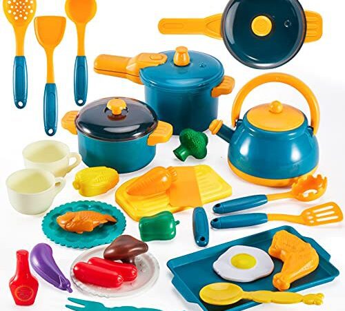 LINFUN KIDS Jouet Accessoire Cuisine Enfant Ustensile avec Casseroles et Poêles Aliment Jouet Dinette Jeu de Rôle Éducatifs Cadeau pour Filles Garçons 2 3 4 Ans