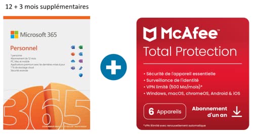 Microsoft 365 Personnel | Office 365 apps | PC/Mac/Tablet and Phone | 12+3 Mois + McAfee 2022 Total Protection | 6 appareils | 1 An | PC/Mac/Smartphones - Code d'activation - envoi par email