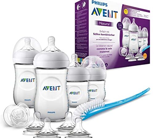 Philips Avent Kit nouveau-né Natural, 2 Biberons 260ml, 2 Biberons 125ml, 4 tétines, 1 sucette,1 goupillon (Modèle SCD301/02)