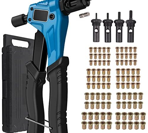 Proster 8"PISTOLET À ÉCROU Pince à Riveter Riverteuse professionnelle avec 100 pcs RIVET M3 M4 M5 M6, pistolet à riveter manuell, outils de rivetage avec système de réglage d'écrou - Bleu