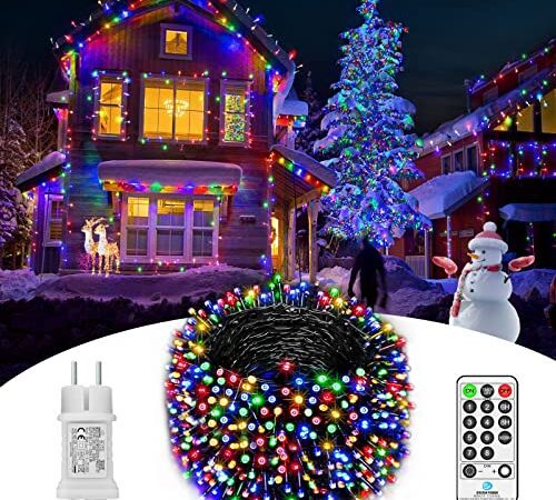 ROADAYLY Guirlande Lumineuse Exterieure 1000 LED 8 Modes Décoration Noël Lumière Minuterie Télécommande Plug Guirlande Lumineuse étanche Lumière Extérieure Mariage Fête Thanksgiving Maison