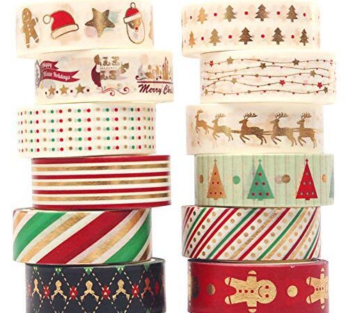 Washi Tape Noël Washi Masking Tape Adhésif Ruban adhésif décoratifs Papier Tape pour journal Scrapbooking Artisanat de bricolage Fournitures de fête de bureau emballage de cadeaux (12)