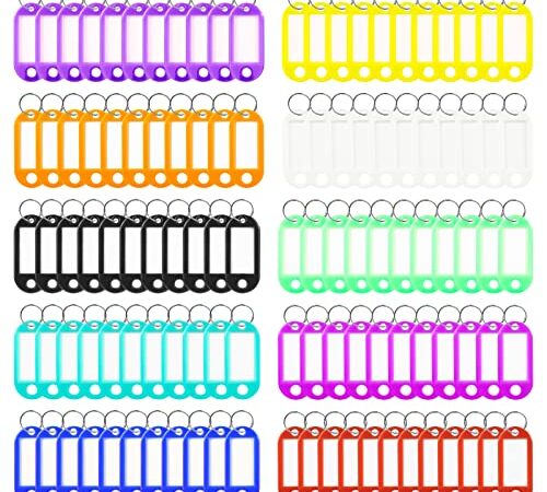 110 pcs Porte Étiquettes Cle à bagages en plastique de voyage avec porte-clés etiquette d'identification Porte-Clés (10 couleurs)