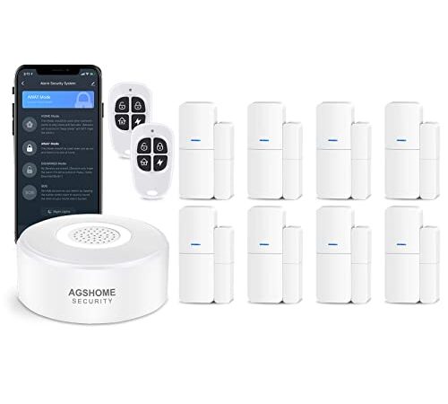 AGSHOME Alarme Maison sans Fil WiFi,11 Kits de Sécurité pour la Maison: 1 Alarme avec Sirène, 8 Capteurs de Fenêtre et de Porte, 2 Télécommande , Compatible avec Alexa