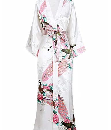 BABEYOND Robe Longue Satin Femme Robe de Chambre Paon Femme Longue Kimono Femme Nuit Chemise de Nuit Longue Satin Soirée Pyjama 53"/135cm, Blanc