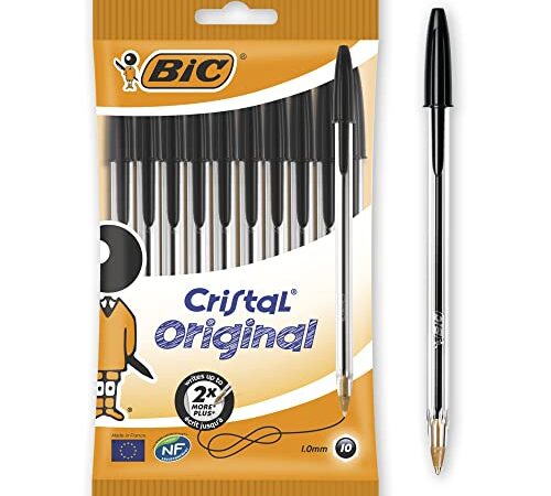 BIC Ecriture Cristal Original Stylos-Bille Pointe Moyenne (1,0 mm), Encre De Couleur Noire, Pochette de 10