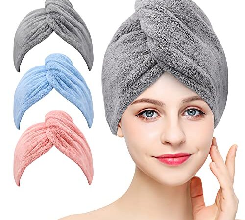 Laicky Lot de 3 serviettes de séchage en microfibre super absorbantes avec boutons pour séchage rapide (gris, rose, bleu)