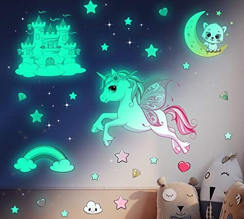 Licorne Étoile Lumineuse Plafond Stickers Muraux-Étoile Fluorescente,Arc en Ciel Décoration Chambre Enfant et Fille