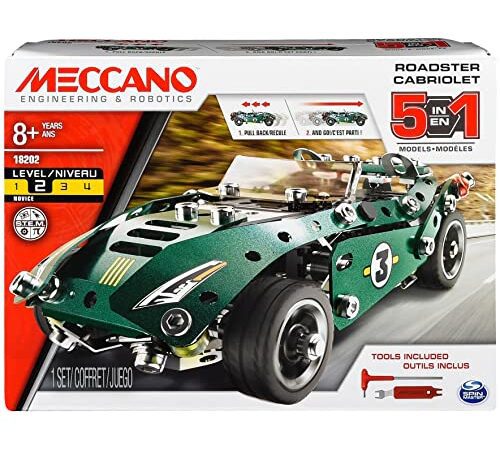 MECCANO - CABRIOLET RETRO FRICTION 5 MODÈLES - Coffret Inventions Avec 174 Pièces, 1 Moteur Rétro friction Et 2 Outils - Jeu de Construction - 6040176 - Jouet Enfant 8 Ans et +