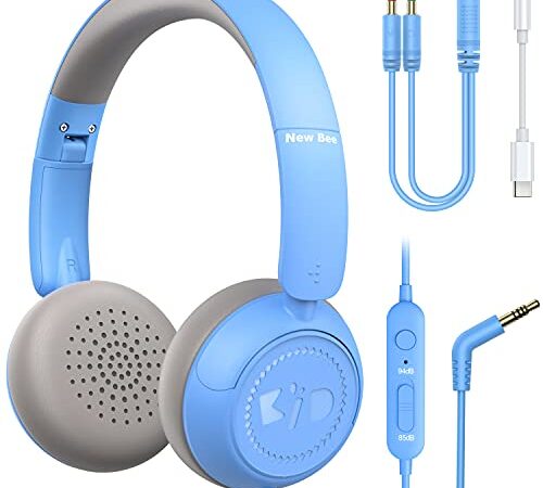 New bee Casque Audio Enfant, Ecouteurs Enfants Filaire avec Micro, pour Apprentissage Casque Bandeau Réglable/Pliable, Volume Limité 85dB 94dB pour Garçon Fille Enfants Adolescent (Bleu)