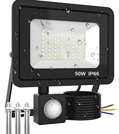 Projecteur LED Détecteur de Mouvement 50W, 5000LM Spot LED Extérieur, Étanche IP66 Projecteur Exterieur LED, 6500K Blanc Froid Projecteur LED Exterieur Detecteur de Mouvement Pour Cour, Garage,Patio