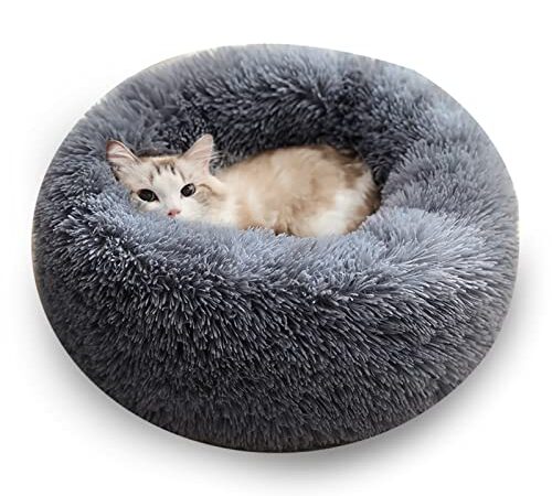 Puki Diary Lit Chat, Panier Chat Moelleux, Coussin Apaisant pour Chat, Rond et Peluche Lit Chien Lavable (50cm, Gris Foncé)