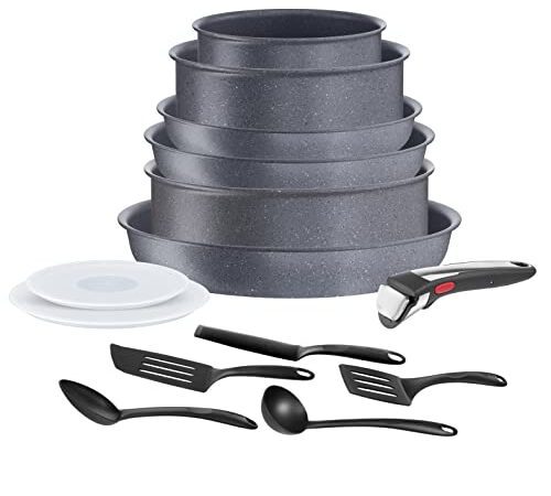 Tefal Ingenio Natural On Batterie de cuisine 14 pièces, Empilable, Revêtement antiadhésif, Induction, Fabriqué en France L7669902, Gris,noir