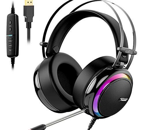 Tronsmart Glary Casque Gamer Micro Casque Gaming PC avec Son Surround 7.1 Virtuel ​Anti Bruit/LED Lumières/Contrôle Muet/Soft Pads PC Gamer Casque pour PC, Ordinateur, Bureau