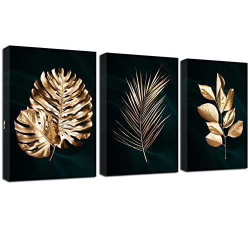 3 Pcs Cadre en bois Impression sur Toile Forêt Arbre Or Palm Feuilles Mur Art Toile Peinture Image tableau decoration murale salon Chambre Maison Décorations Prêt À Accrocher 30cm/12 "x40cm/16" x3pcs