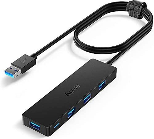 Aceele Data Hub 4 Ports USB 3.0 Ultra Fin avec câble étendu de 120cm/4ft - Hub USB 3.0 pour Macbook, Mac Pro / mini, iMac, Surface Pro, XPS, Notebook PC, clés USB, disques durs externes, etc.