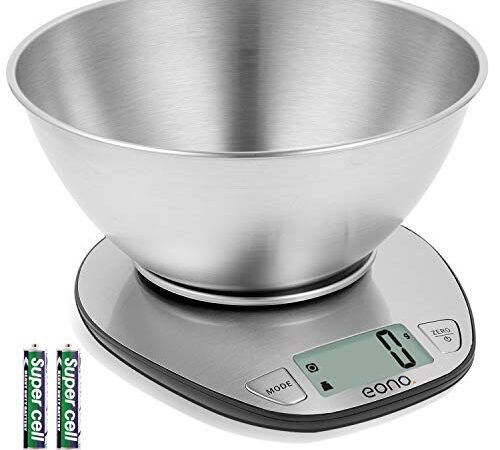 Amazon Brand – Eono Balance de cuisine/pâtisserie numérique en acier inoxydable, avec bol amovible, fonction Tare, écran LCD, garantie de 15 ans et charge maximale de 5 kg