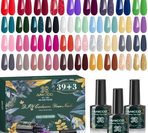 Anicco Vernis Semi Permanent 42 Pcs (39 Couleurs + 3 Base et Top Coat), Lot Vernis Gel Semi Permanent UV LED Vernis à Ongles Gels Semi-permanents Soak Off Pastel Paillettes Nude Gel Nail Polish 7.5ml