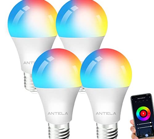 ANTELA Ampoule Connectée Wifi E27 9W LED Multicouleurs RGB + CCT 2700K-6500K, Compatible Avec Alexa/Google Home, Ampoule Intelligente Pas Besoin de Hub, 4 PCS