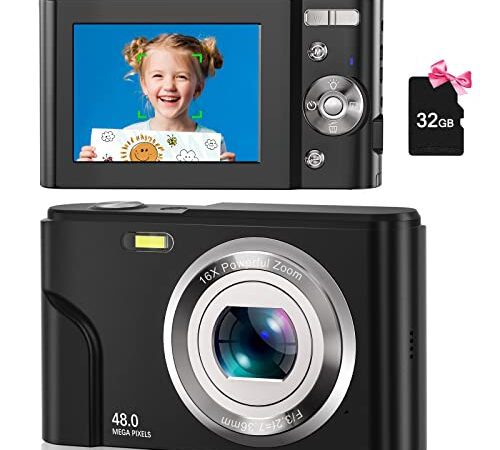 Appareil Photo Numérique Autofocus avec Carte 32Go 1080P 48MP Caméra Numérique 16X Zoom Numérique Appareil Photo Numérique Compact Développez Hobby et Créativité pour Enfants