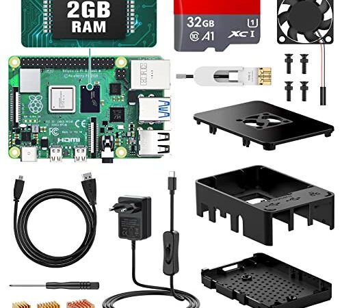 Beumons Raspberry Pi 4 Modèle B, 2G RAM+32G Carte Mémoire, Starter Kit Complet: Carte Mère, Alimentation avec Interrupteur, Câble HDMI Boîtier Noir, Dissipateur, Ventilateur, Raspberry Pi 4