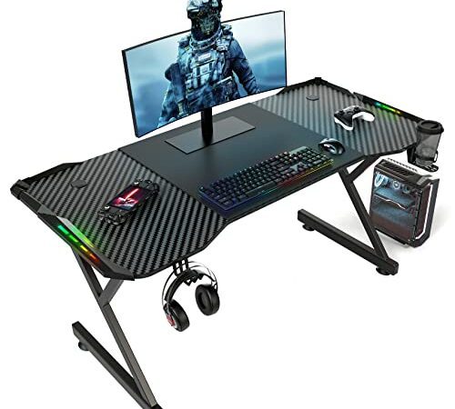 Bureau Gaming 140 cm, LED Bureau Gamer avec Plateau en Fibre de Carbone, Bureau d'ordinateur Informatique pour Gaming PC, Table de Jeu Ergonomique Avec Porte Gobelet et Crochet Pour Casque, Noir