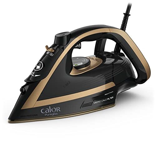 Calor Puregliss Fer à repasser vapeur, 3000 W, Débit vapeur 50g/min, Fonction pressing 280 g/min, Semelle Durilium Airglide, Fonction défroissage vertical, Fabriqué en France, Noir et Or FV8064C0