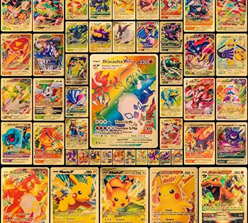 Carte Pokemôn Française, Pokémon Carte Or Francaise 55PCS Rares Carte Pokémon Vmax Sans Doublons à Collectionner Pour Pokémon Gold Cartes Cadeau Pokémon Noël Et Cadeaux D'Anniversaire Pour Enfants