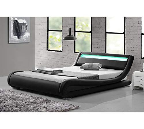 CONCEPT USINE - Lit Seattle Double en Simili Noir avec LED Intégrées - Couchage 140 x 190 cm - Structure de Lit 2 Places avec Sommier 2 Personnes -Tête de Lit avec LED 4 Couleurs - Design et Élégant