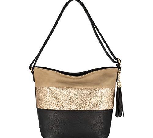 CRAZYCHIC - Sac Bandoulière Paillette Femme - Sacoche Besace Fourre-Tout Cuir PU Souple Porté Main Epaule - Rayure Strass Brillant Multicolore - Sac Soirée Grande Pochette Messenger Mode Chic - Noir