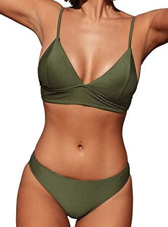 CUPSHE Femme Bikini Triangle à Bande Large Côtelé Ensemble Bikini Taille Basse High Cut Maillots de Bain 2 Pièces Swimsuit Armée Verte M