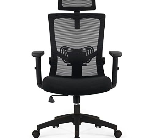 Daccormax Chaise Bureau Ergonomique, Fauteuil de Bureau Confortable à roulettes, Siège Bureau Inclinable Pivotant, Accoudoirs Réglables, Appui-Tête Ajustable 11cm, Support Lombaire Réglable, Noir