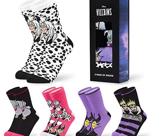 Disney Chaussette Femme Fantaisie - Coffret 5 Chaussettes Princesse - Villains (Violet/Rose Villains), 36-40 EU