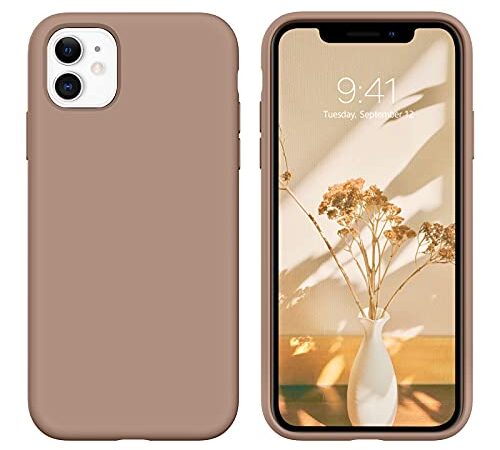 DOMAVER Coque iPhone 11, Silicone Liquide Doublure en Microfibre Douce Etui AntiRayure Antichoc Gel Case Ultra Fine Étui Protection Téléphone iPhone 11 Housse 11 6.1" Brune Caramel