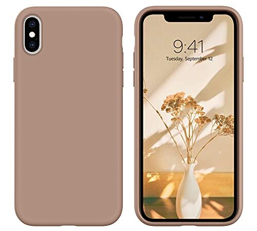 DOMAVER Coque iPhone X/XS Silicone Liquide Fine Étui Rigide Antichoc Protection iPhone X Case avec Douce Microfibre Doublure Slim Housse Téléphone iPhone XS 5.8", Brune Caramel