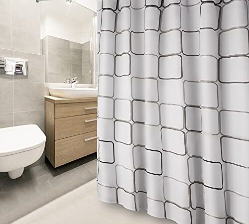 DUFU Rideau de Douche Séchage Rapide, Rideau de Douche Tissu Polyester Imperméable Lavable en Machine, Rideaux Salle de Bain Semi-Transparent avec 12 Crochets 180 x 200cm Blanc