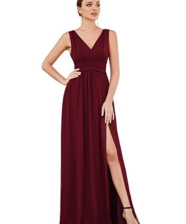 Ever-Pretty Robe de Soiree Femme Longue Col V Fendue Mousseline sans Manche A Line Fluide Chic Bordeaux 40