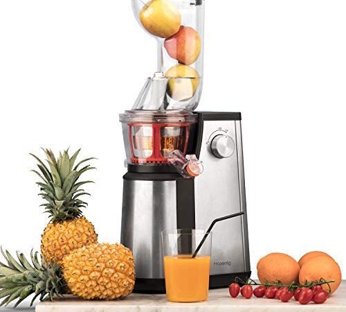 Extracteur de Jus de Fruits et Légumes vertical GSX22 H.Koenig - Centrifugeuse Vitamin + sans BPA - 82 mm Large Bouche - 3 tamis pour jus fin ou épais et sorbet - pression douce 60 tours 400 W